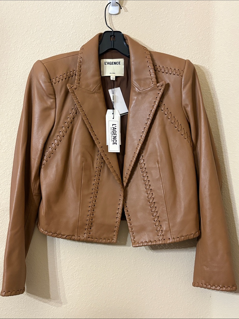 NWT L'AGENCE Dulcie Leather Whipstitch Blazer in Soft Cognac - Picture 8 of 9